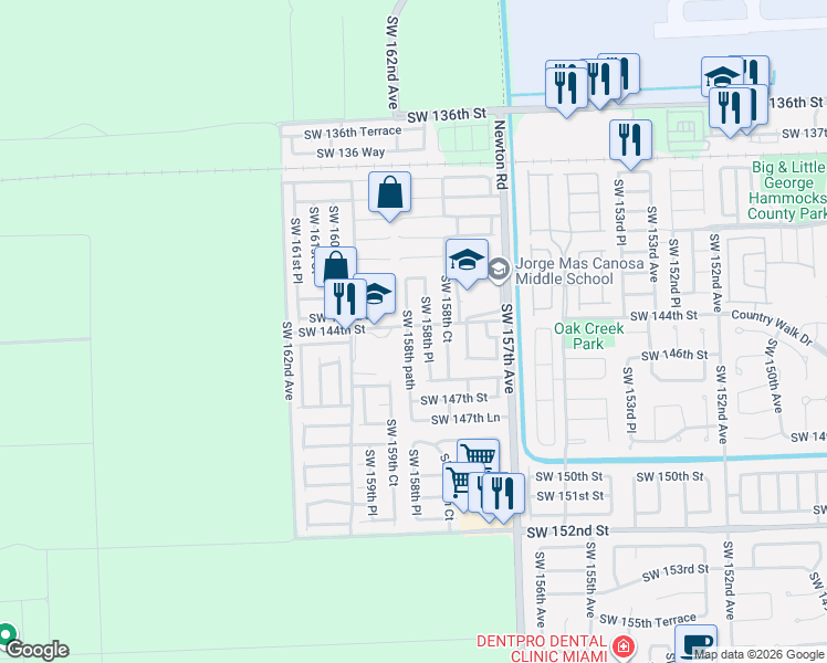 map of restaurants, bars, coffee shops, grocery stores, and more near 14455 Southwest 158th path in Miami