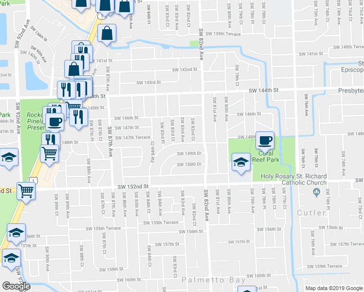 map of restaurants, bars, coffee shops, grocery stores, and more near 8300 Southwest 148th Drive in Palmetto Bay