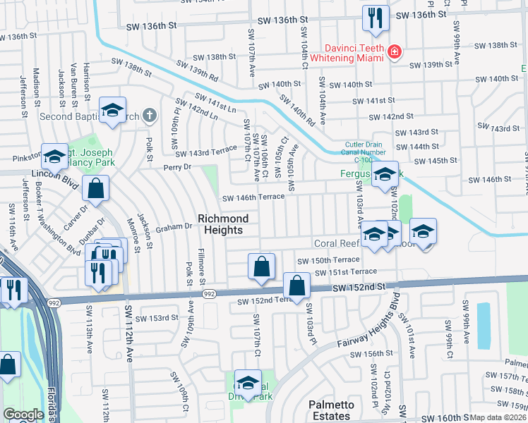 map of restaurants, bars, coffee shops, grocery stores, and more near 14721 Southwest 106th Avenue in Miami