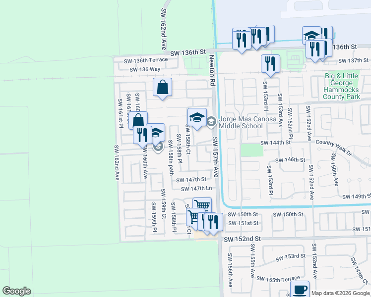 map of restaurants, bars, coffee shops, grocery stores, and more near 14404 Southwest 158th Court in Miami