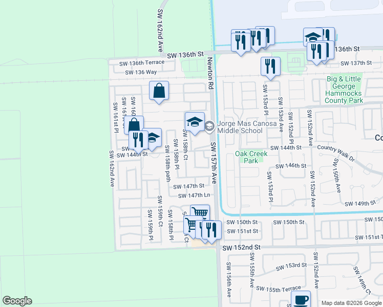 map of restaurants, bars, coffee shops, grocery stores, and more near 14451 Southwest 158th Court in Miami