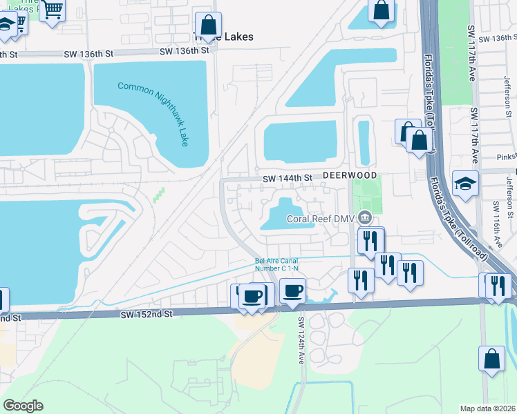 map of restaurants, bars, coffee shops, grocery stores, and more near 14631 Southwest 124th Place in Miami