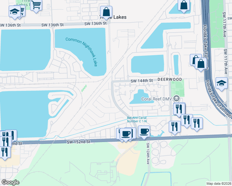 map of restaurants, bars, coffee shops, grocery stores, and more near 14625 Southwest 127th Court in Miami