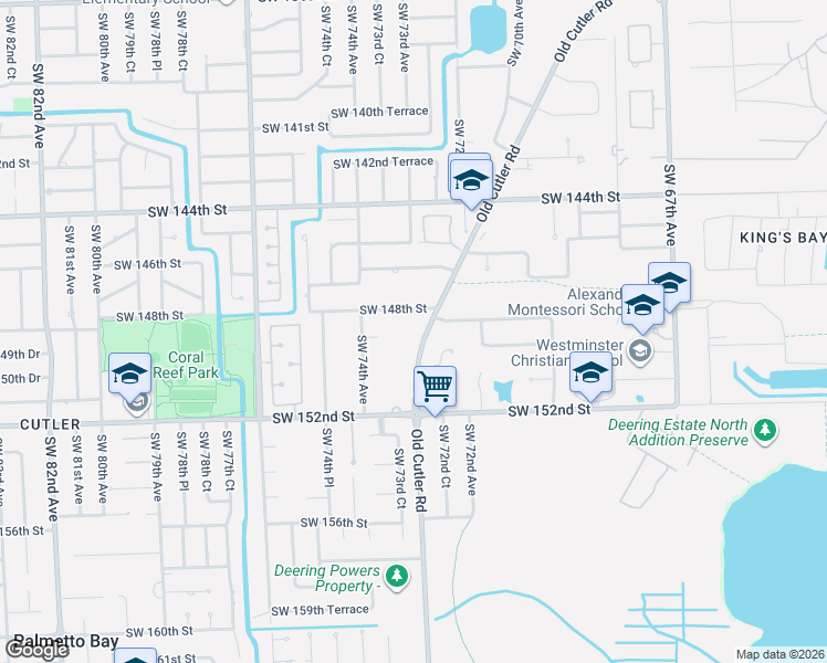 map of restaurants, bars, coffee shops, grocery stores, and more near 14900 Old Cutler Road in Palmetto Bay