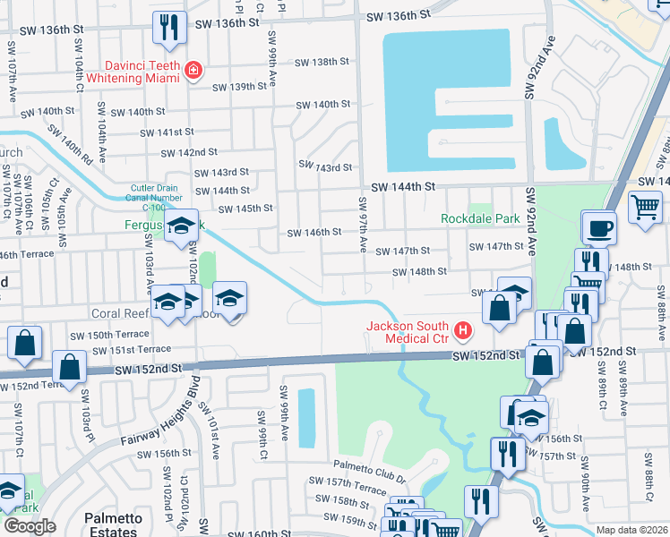 map of restaurants, bars, coffee shops, grocery stores, and more near 9760 Southwest 148th Street in Miami