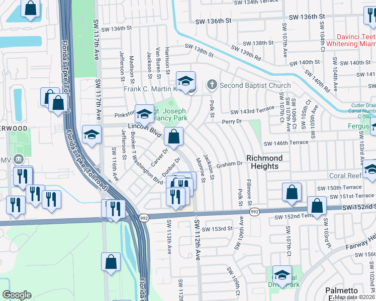 map of restaurants, bars, coffee shops, grocery stores, and more near 14700 Monroe Street in Miami