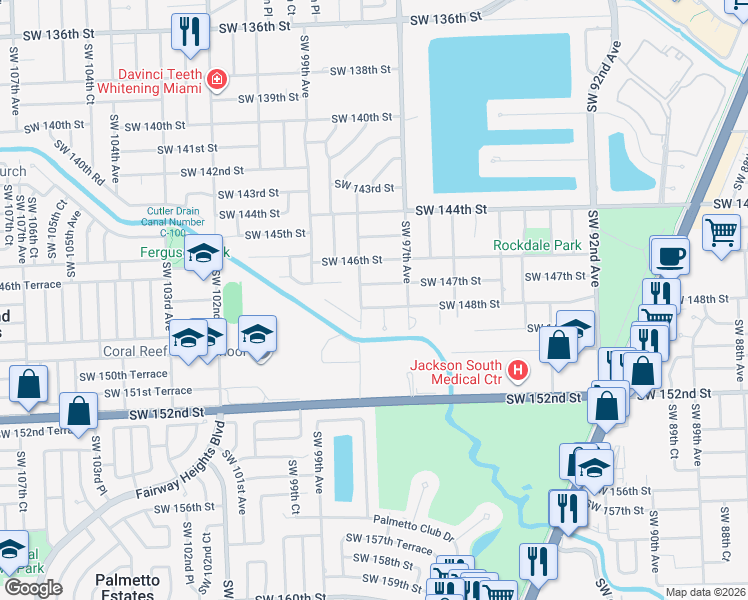 map of restaurants, bars, coffee shops, grocery stores, and more near 9760 Southwest 148th Street in Miami
