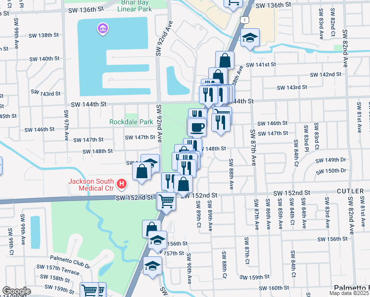 map of restaurants, bars, coffee shops, grocery stores, and more near S Dade Trail in Miami