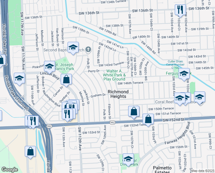 map of restaurants, bars, coffee shops, grocery stores, and more near 14761 Fillmore Street in Miami