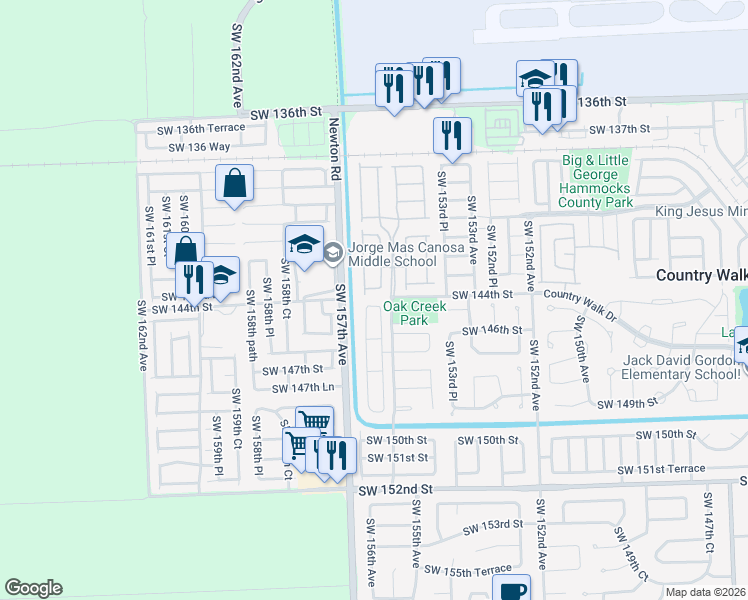 map of restaurants, bars, coffee shops, grocery stores, and more near 14460 Southwest 156th Avenue in Miami