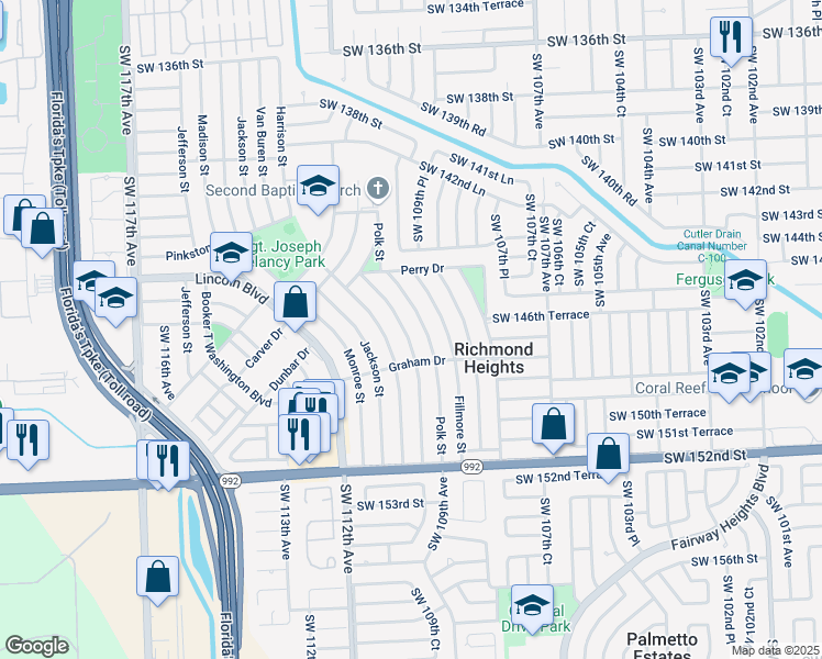 map of restaurants, bars, coffee shops, grocery stores, and more near 14761 Tyler Street in Miami