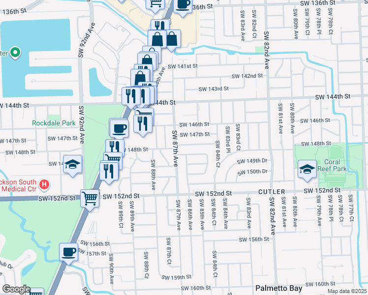 map of restaurants, bars, coffee shops, grocery stores, and more near 8600 Southwest 147th Terrace in Palmetto Bay