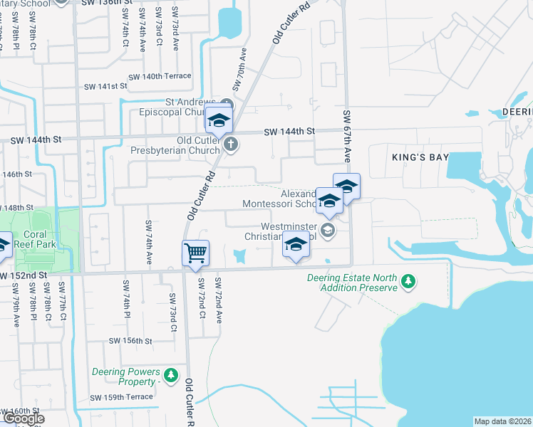 map of restaurants, bars, coffee shops, grocery stores, and more near 14841 Southwest 69th Court in Palmetto Bay