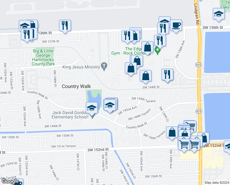 map of restaurants, bars, coffee shops, grocery stores, and more near 14462 Southwest 144th Court in Miami