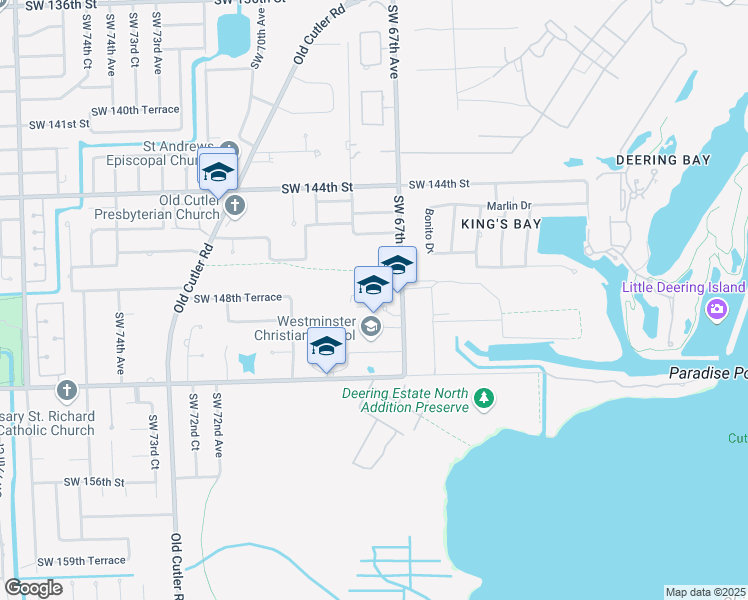 map of restaurants, bars, coffee shops, grocery stores, and more near 14850 Southwest 67th Avenue in Miami