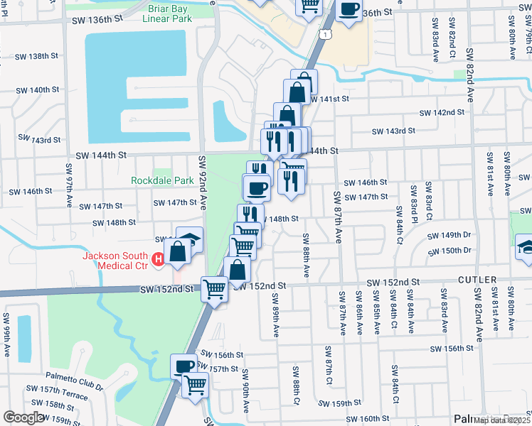 map of restaurants, bars, coffee shops, grocery stores, and more near 14707 South Dixie Highway in Palmetto Bay