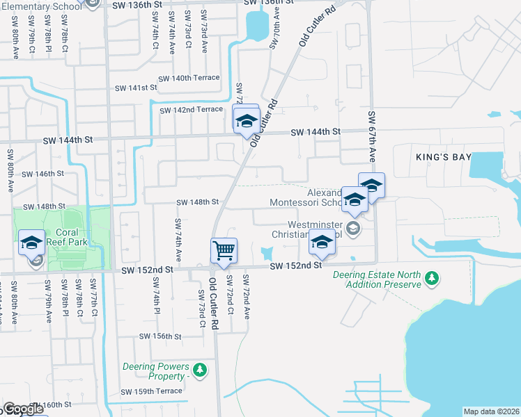 map of restaurants, bars, coffee shops, grocery stores, and more near 7027 Southwest 148th Terrace in Palmetto Bay