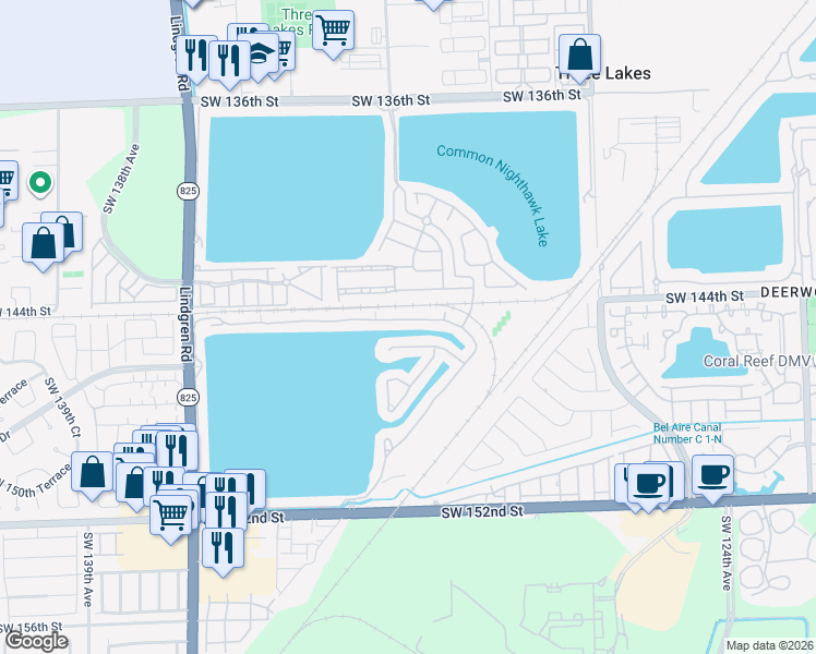 map of restaurants, bars, coffee shops, grocery stores, and more near 13289 Southwest 144th Terrace in Miami