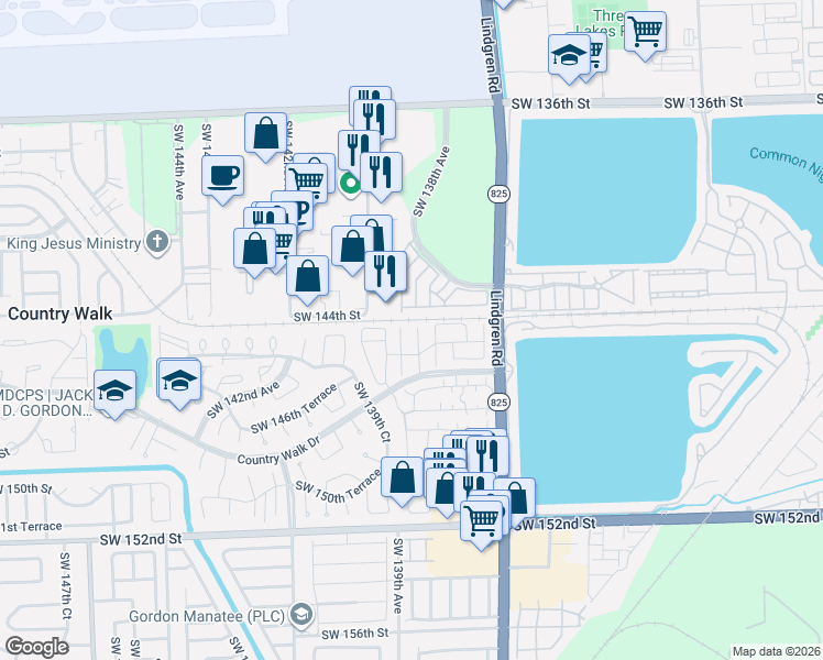 map of restaurants, bars, coffee shops, grocery stores, and more near 14450 Southwest 138th Court in Miami