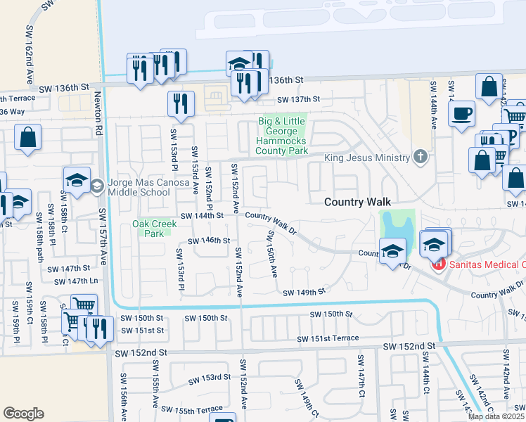 map of restaurants, bars, coffee shops, grocery stores, and more near 15015 Southwest 143rd Terrace in Miami