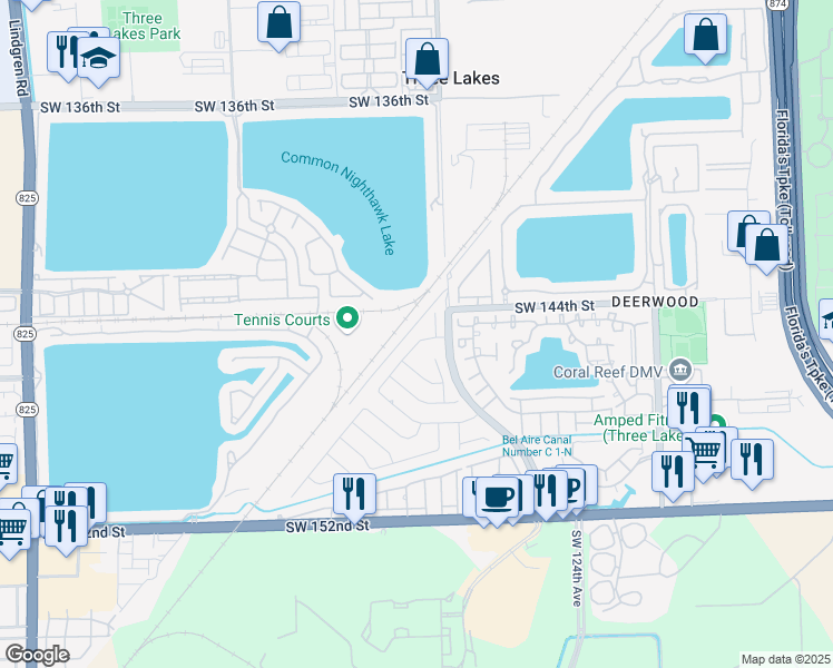 map of restaurants, bars, coffee shops, grocery stores, and more near 14526 Southwest 128th Court Road in Miami