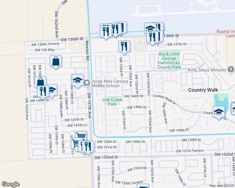 map of restaurants, bars, coffee shops, grocery stores, and more near 14321 Southwest 154th Court in Miami
