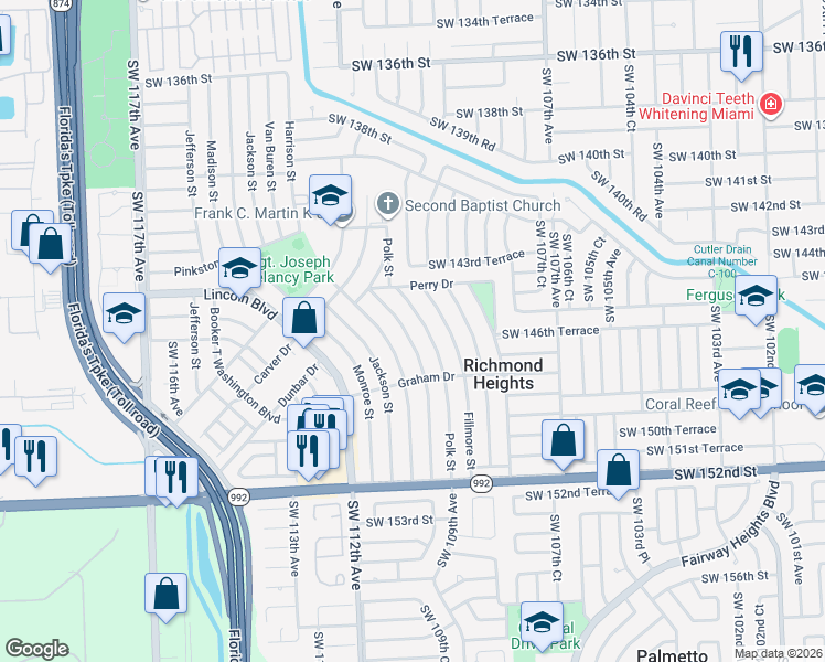 map of restaurants, bars, coffee shops, grocery stores, and more near 14601 Polk Street in Miami