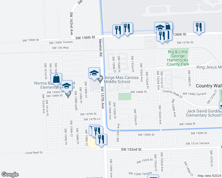 map of restaurants, bars, coffee shops, grocery stores, and more near 14323 Southwest 156th Avenue in Miami