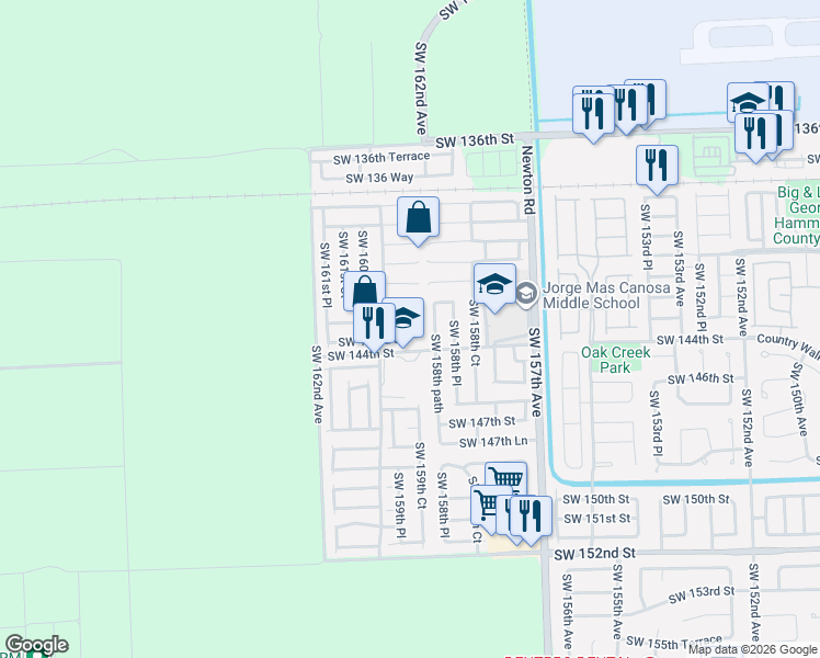 map of restaurants, bars, coffee shops, grocery stores, and more near 14303 Southwest 159th Place in Miami