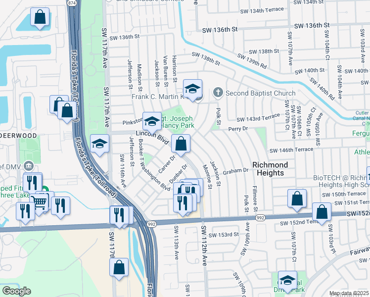 map of restaurants, bars, coffee shops, grocery stores, and more near 14500 Monroe Street in Miami