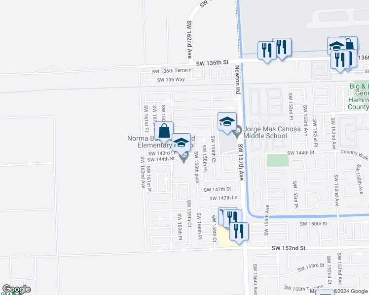 map of restaurants, bars, coffee shops, grocery stores, and more near 14303 Southwest 159th Place in Miami
