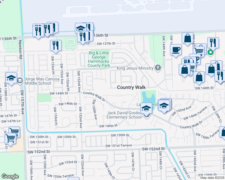 map of restaurants, bars, coffee shops, grocery stores, and more near 14852 Southwest 143rd Terrace in Miami