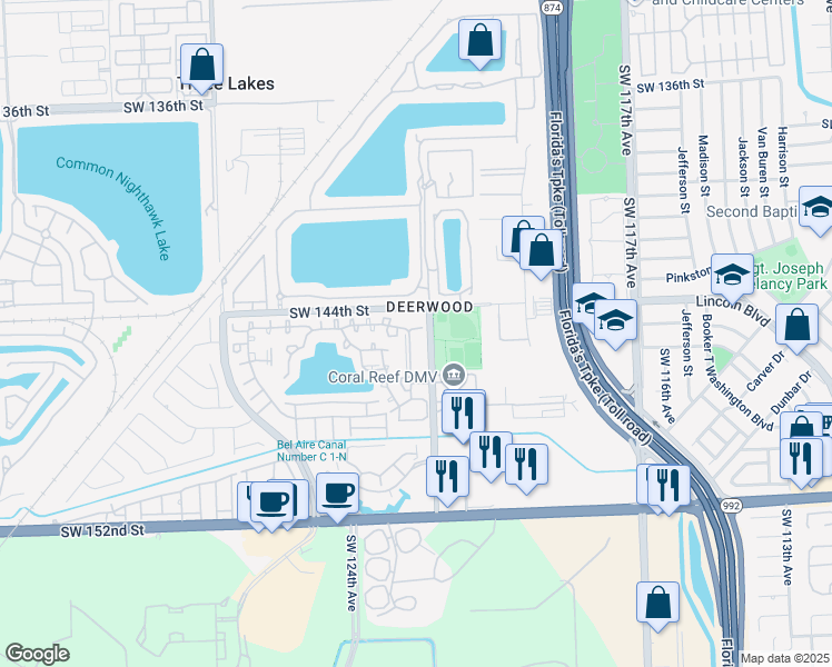 map of restaurants, bars, coffee shops, grocery stores, and more near 14455 Southwest 122nd Place in Miami