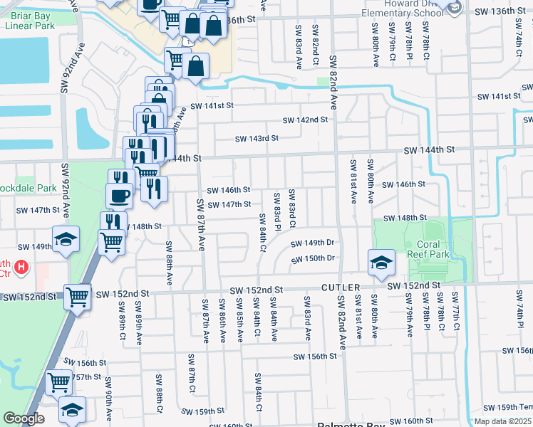 map of restaurants, bars, coffee shops, grocery stores, and more near 14700 Southwest 83rd Place in Palmetto Bay