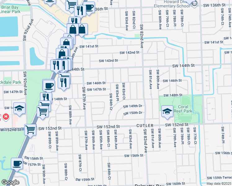 map of restaurants, bars, coffee shops, grocery stores, and more near 14700 Southwest 83rd Place in Palmetto Bay