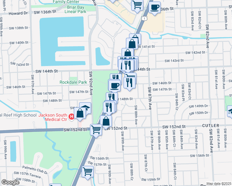 map of restaurants, bars, coffee shops, grocery stores, and more near 14707 South Dixie Highway in Palmetto Bay