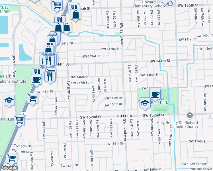 map of restaurants, bars, coffee shops, grocery stores, and more near 14701 Southwest 83rd Court in Palmetto Bay