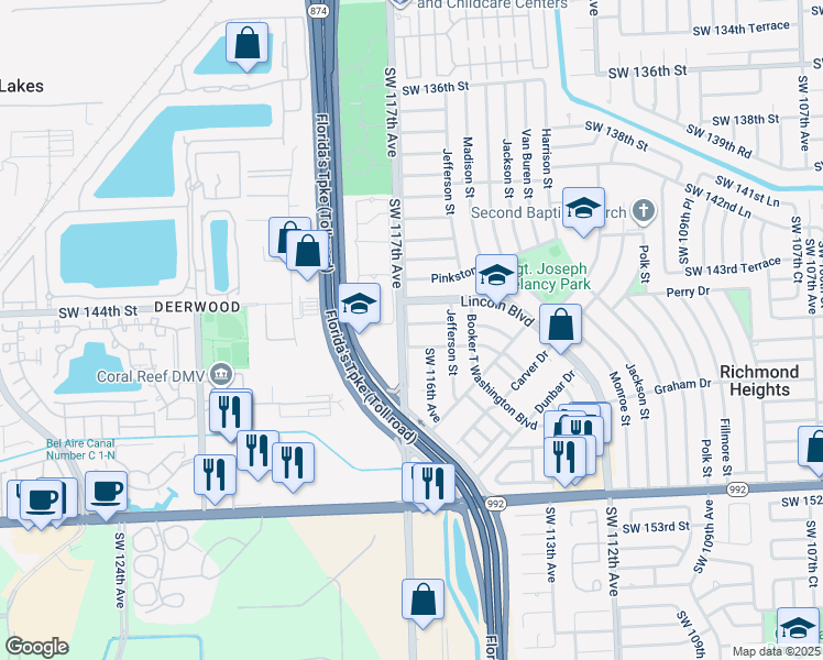 map of restaurants, bars, coffee shops, grocery stores, and more near 14501 Southwest 117th Avenue in Miami