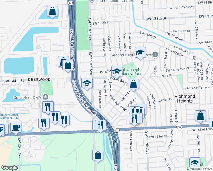 map of restaurants, bars, coffee shops, grocery stores, and more near 14511 Jefferson Street in Miami