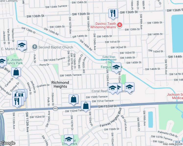 map of restaurants, bars, coffee shops, grocery stores, and more near 10401 Southwest 146th Terrace in Miami