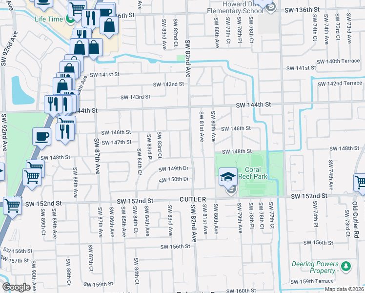 map of restaurants, bars, coffee shops, grocery stores, and more near 14701 Southwest 82nd Court in Palmetto Bay