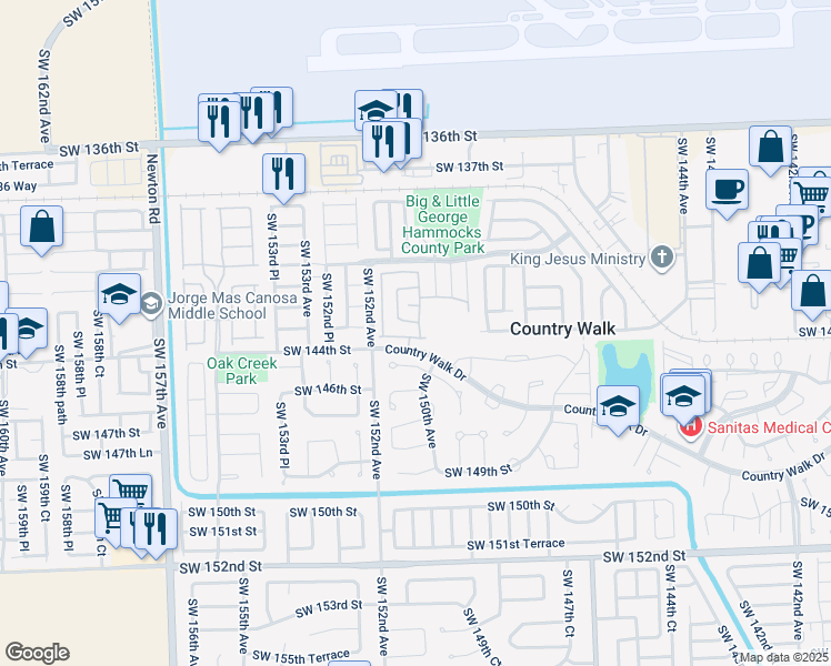 map of restaurants, bars, coffee shops, grocery stores, and more near 15015 Southwest 143rd Terrace in Miami