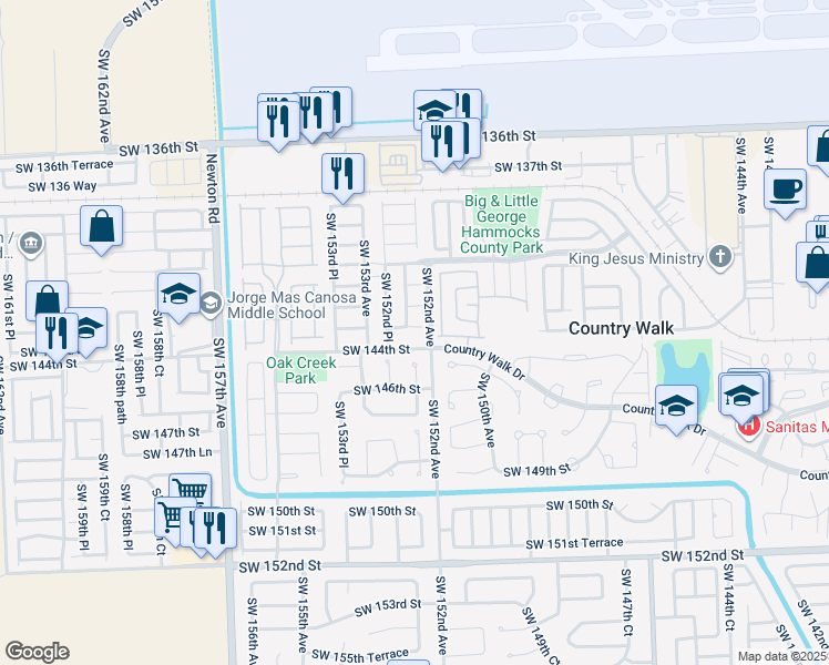 map of restaurants, bars, coffee shops, grocery stores, and more near 15250 Southwest 143rd Street in Miami