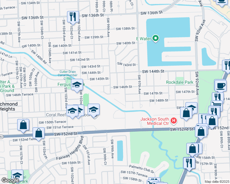 map of restaurants, bars, coffee shops, grocery stores, and more near 9861 Southwest 147th Street in Miami