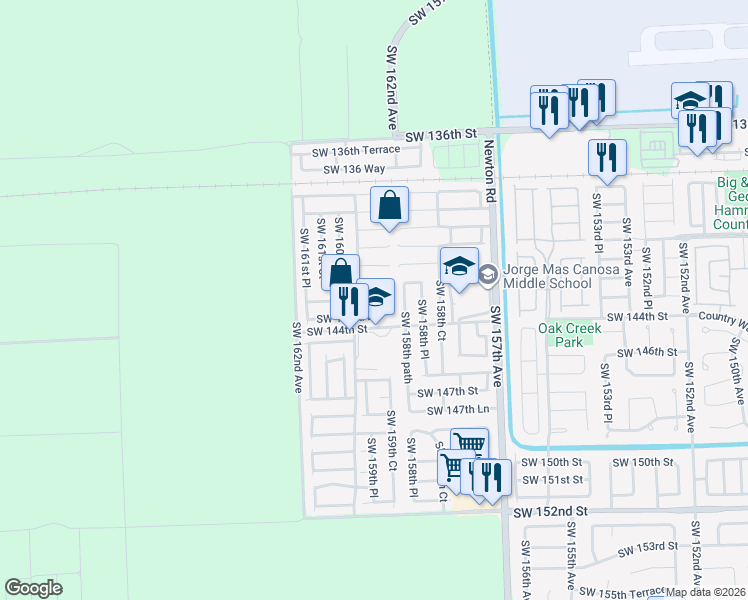 map of restaurants, bars, coffee shops, grocery stores, and more near 14303 Southwest 159th Place in Miami
