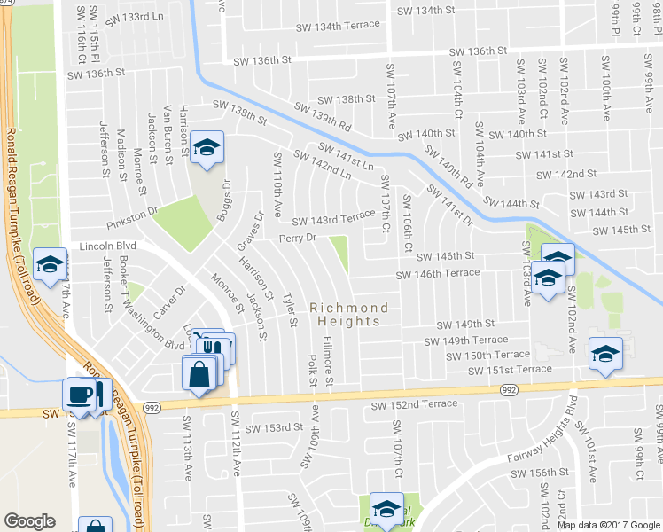 map of restaurants, bars, coffee shops, grocery stores, and more near 14601 Pierce Street in Miami