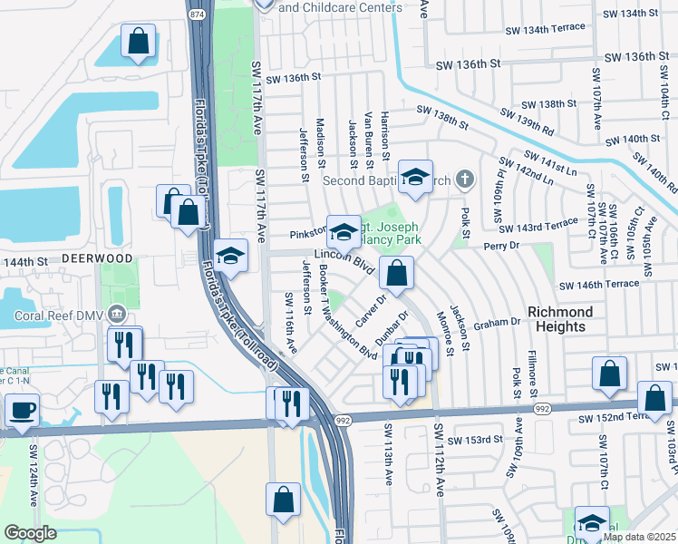 map of restaurants, bars, coffee shops, grocery stores, and more near 11437 Robinson Street in Miami