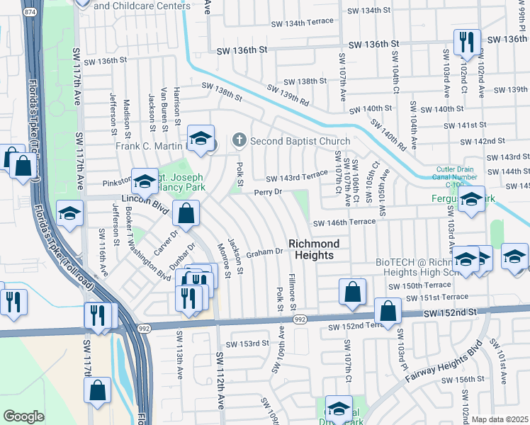 map of restaurants, bars, coffee shops, grocery stores, and more near 14561 Polk Street in Miami