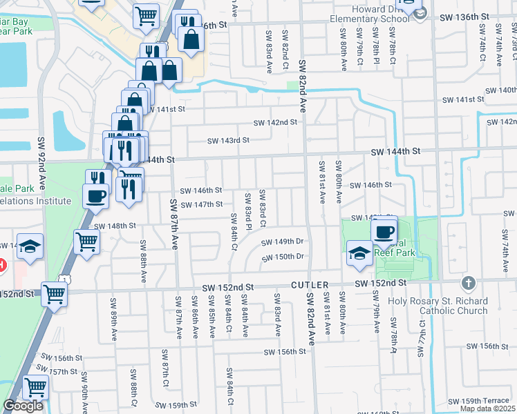 map of restaurants, bars, coffee shops, grocery stores, and more near 14701 Southwest 83rd Court in Palmetto Bay
