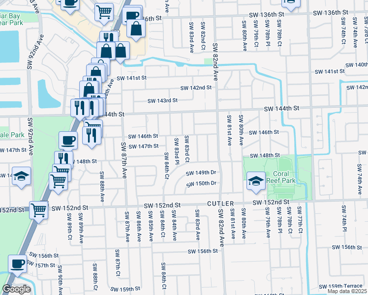 map of restaurants, bars, coffee shops, grocery stores, and more near 14701 Southwest 83rd Court in Palmetto Bay